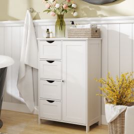Bathroom Cabinet - VERRA Freestanding Floor Storage Unit with 4 Drawers and 1 Door - White