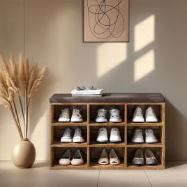 VERRA Shoe Bench - 9 Compartment Padded Seat Medium Sized Bench - Brown