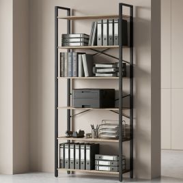 FEBUCU 6 Tier Industrial Bookcase - Brown and Black