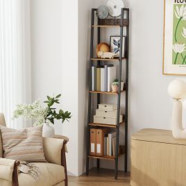 Bookshelf - VERRA 5 Tier Ladder Shelf Rustic Brown Black