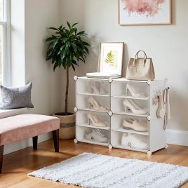 VERRA Shoe Rack - 4 Slots Interlocking Organizer Plastic Medium Sized Rack - White