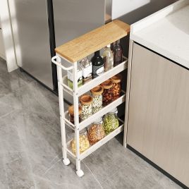 Rolling Cart - VERRA Slim 4 Tier Storage Cart with Handle - White Oak