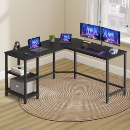 Gaming Desk - VERRA L-Shaped Corner Desk with Storage Shelves - Ebony Black