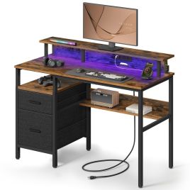 KELUVO Computer Desk with LED Lights - Rustic Brown