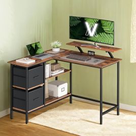 Gaming Desk - VERRA L-Shaped with Monitor Stand, Drawers, Adjustable Shelf 115cm - Rustic Brown