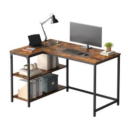 KESAMO L-Shaped Corner Computer Desk with Power Outlets - Brown