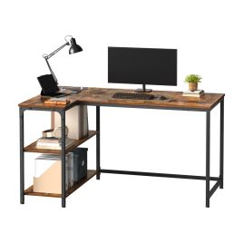 KETULE L-Shaped Corner Computer Desk with Power Outlets - Brown