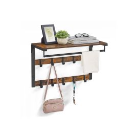 Coat Rack - NOVRAE Wall Mounted with Shelf and 10 Hooks - Rustic Brown and Black