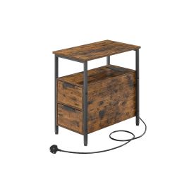 Slim Side Table with Charging Station Rustic Brown and Classic Black