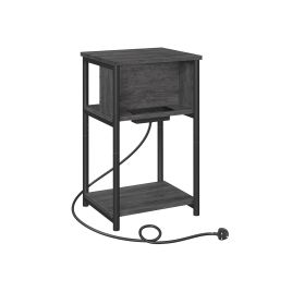 Side Table - VIVNIA Slim Charging Station with Drawer - Charcoal Grey
