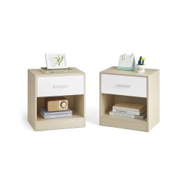 Bedside Tables - ZARZA Set of 2 Drawer Handle Open Compartment - Beige and Classic White