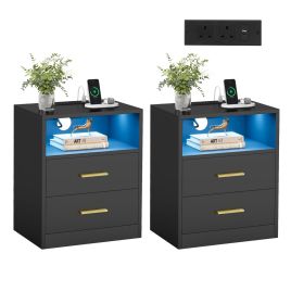 DOGITU Set of 2 Bedside Tables with Charging Station - Ink Black
