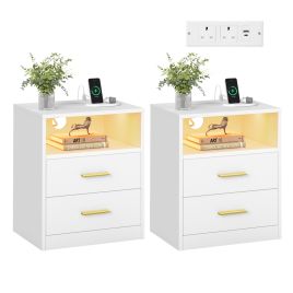 DOGITU Set of 2 Bedside Tables with Charging Station - Cloud White