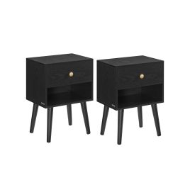 Bedside Tables - ZARZA Set of 2 with Drawers and Solid Wood Leg - Ebony Black