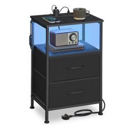 MADAMA Bedside Table with Charging Station - Ink Black and Ebony Black