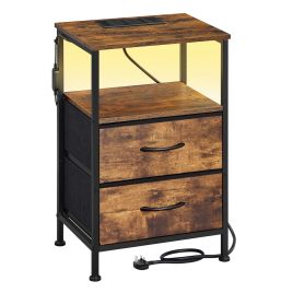 MADAMA Bedside Table with Charging Station - Rustic Brown and Ink Black