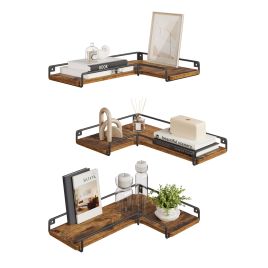 MIBIXE Set of 3 L-Shaped Floating Shelves - Rustic Brown