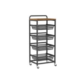 THORNHOLLOW Kitchen and Dining Trolley with Pull Out Baskets Wheels and Handle - Brown and Black