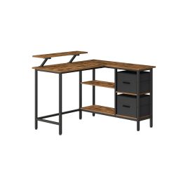 Corner Computer Desk - FINLIA L-Shaped 2 Drawer Desk 115 cm Wide - Rustic Brown