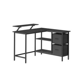 Corner Computer Desk - FINLIA L-Shaped 2 Drawer Desk 115 cm Wide - Ebony Black