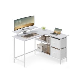 Corner Computer Desk - FINLIA L-Shaped with 2 Spacious Drawers - Maple White