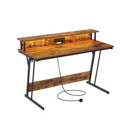 Gaming Desk - ORADA LED RGB Lighting and Power Outlet Desk - Rustic Brown