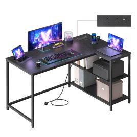 KESAMO L-Shaped Corner Computer Desk with Power Outlets - Ebony Black - 120 x 80cm
