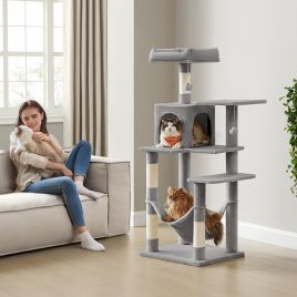 Cat Tree - MARRAE Multi Level Condo with 4 Scratching Posts and 2 Perches - Grey