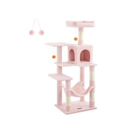 Multi-Level Plush Cat Condo with 4 Scratching Posts, 2 Perches, Cave, Hammock, Pompoms
