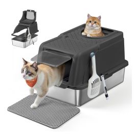 RORUPE Stainless Steel Cat Litter Box with Flip Lid - Ink Black