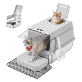 ROTIMA Stainless Steel Cat Litter Box with Flip Lid - Light Grey