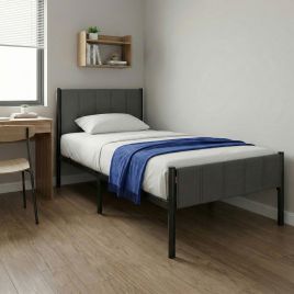 SASAVO Single Metal Platform Bed with Upholstered Headboard - Dark Grey