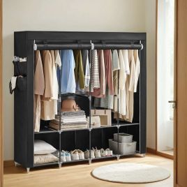 Closet Organizer - ZARNIA Portable Organizer with Cover, 4 Hanging Rods and Shelves - Black