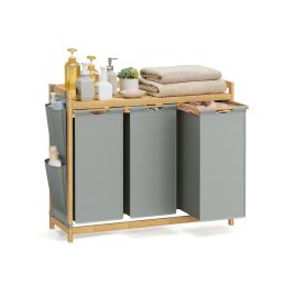 Laundry Basket - AVONA 3 Compartments 150L with Shelf and Pocket - Dove Grey