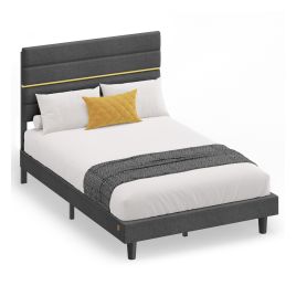 SAPELY Small Double Bed Frame with Upholstered Headboard - Slate Grey