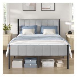 SASAVO Double Metal Bed Frame with Upholstered Headboard - Dove Grey