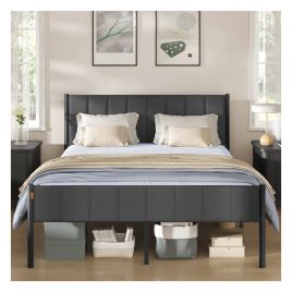 STVYPU King Size Metal Bed Frame with Upholstered Headboard - Slate Grey