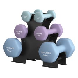 TEXIMU Vinyl Dumbbell Set with Stand - Aqua, Ash Purple and Pale Blue