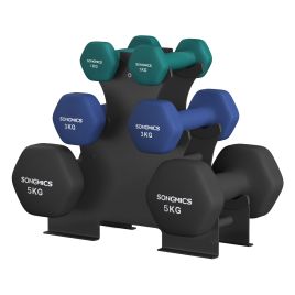 TEXIMU Vinyl Dumbbell Set with Stand - Teal Blue, Harbor Blue and Ink Black
