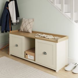 2 Door Shoe Bench with Oak Effect Top and Concealed Storage - Cream