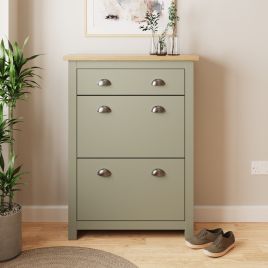 Shoes Cabinet - Antony 2 Door 1 Drawer Shoe Cabinet Sage Green and Bianco Oak