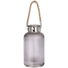 Frosted Glass Lantern with Rope Detail and LED - Grey