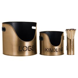 Logs And Kindling Buckets and Matchstick Holder - Bronze Finish
