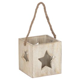 Washed Wood Large Star Tealight Candle Holder - White