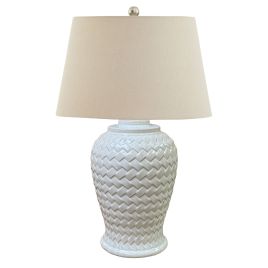 Woven Ceramic Table Lamp With Linen Shade - White