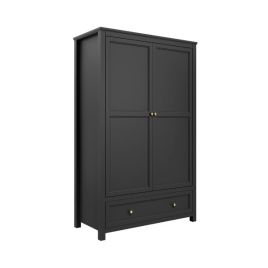 Wardrobe - IVANHOE 2 Door with Drawer Wardrobe Matt Black - 118cm