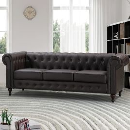 3 Seater Sofa - BELFORIA Leather Chesterfield Sofa - Brown