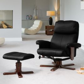 Armchair - ELEVARO Leather Swivel Recliner Chair with Stool - Black