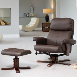 Armchair - ELEVARO Leather Swivel Recliner Chair with Stool - Brown