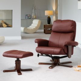 Armchair - ELEVARO Leather Swivel Recliner Chair with Stool - Burgundy